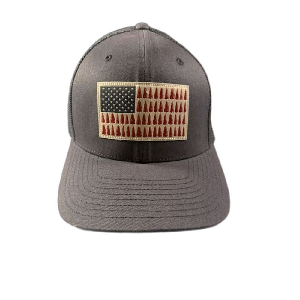 Columbia Mesh FlexFit Hat Gray Tree American Flag Patch Stretch Fit Cap L/XL